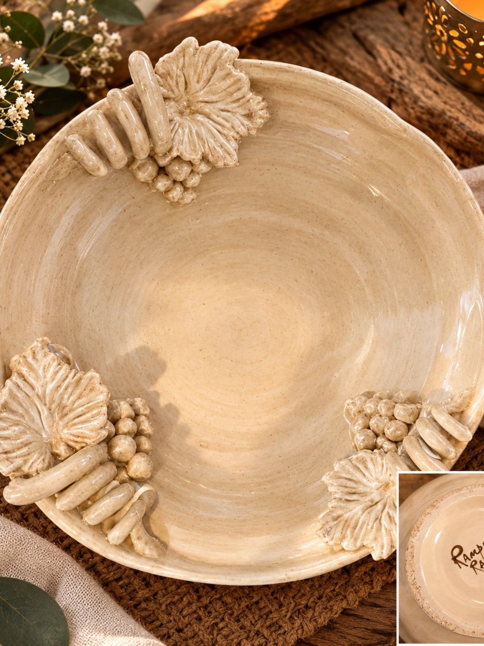 Handcrafted Cream Ceramic Decorative Serving Bowl with Leaf Accent